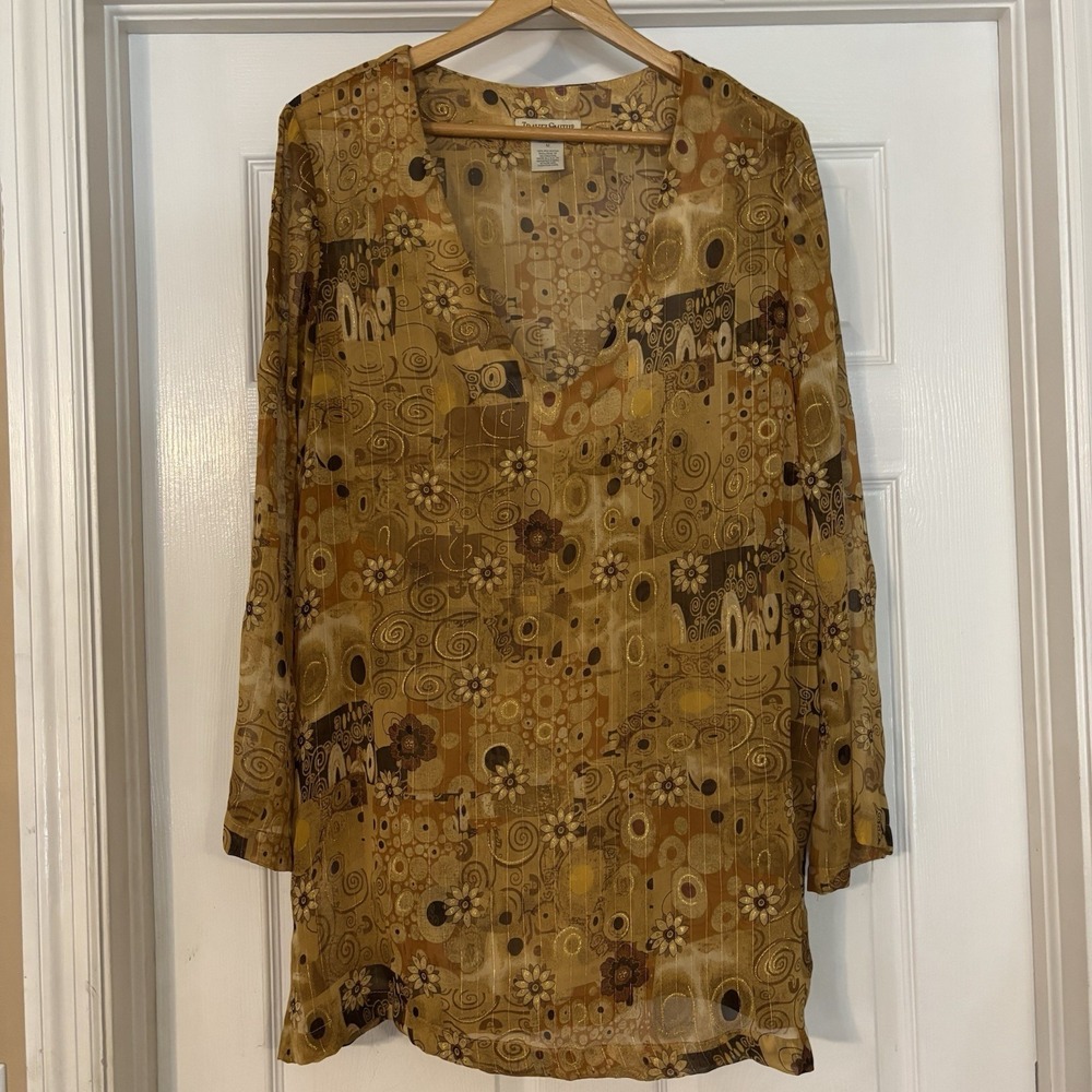 TravelSmith Top Womens M Golden Sheer Cover Up Flare Sleeve Artsy Boho Sparkly